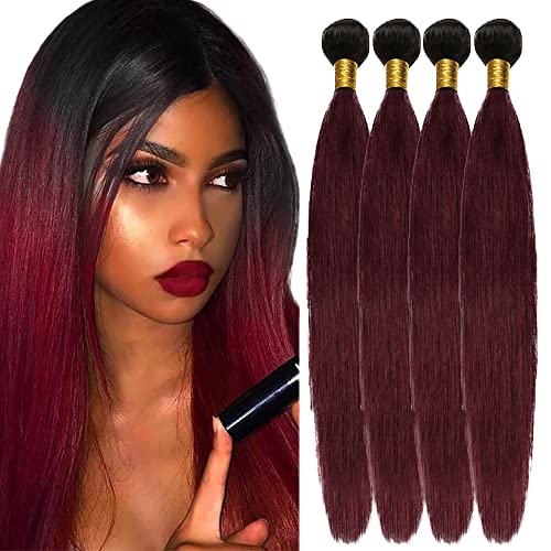 AuokMar Bundles 1b/99j Burgundy Human Hair Bundles Wine Red Weave Ombre Bundles Straight Virgin Human Hair 10A 4 Bundless 100% Unprocessed Hair Bundles（22 24 26 28 inches）