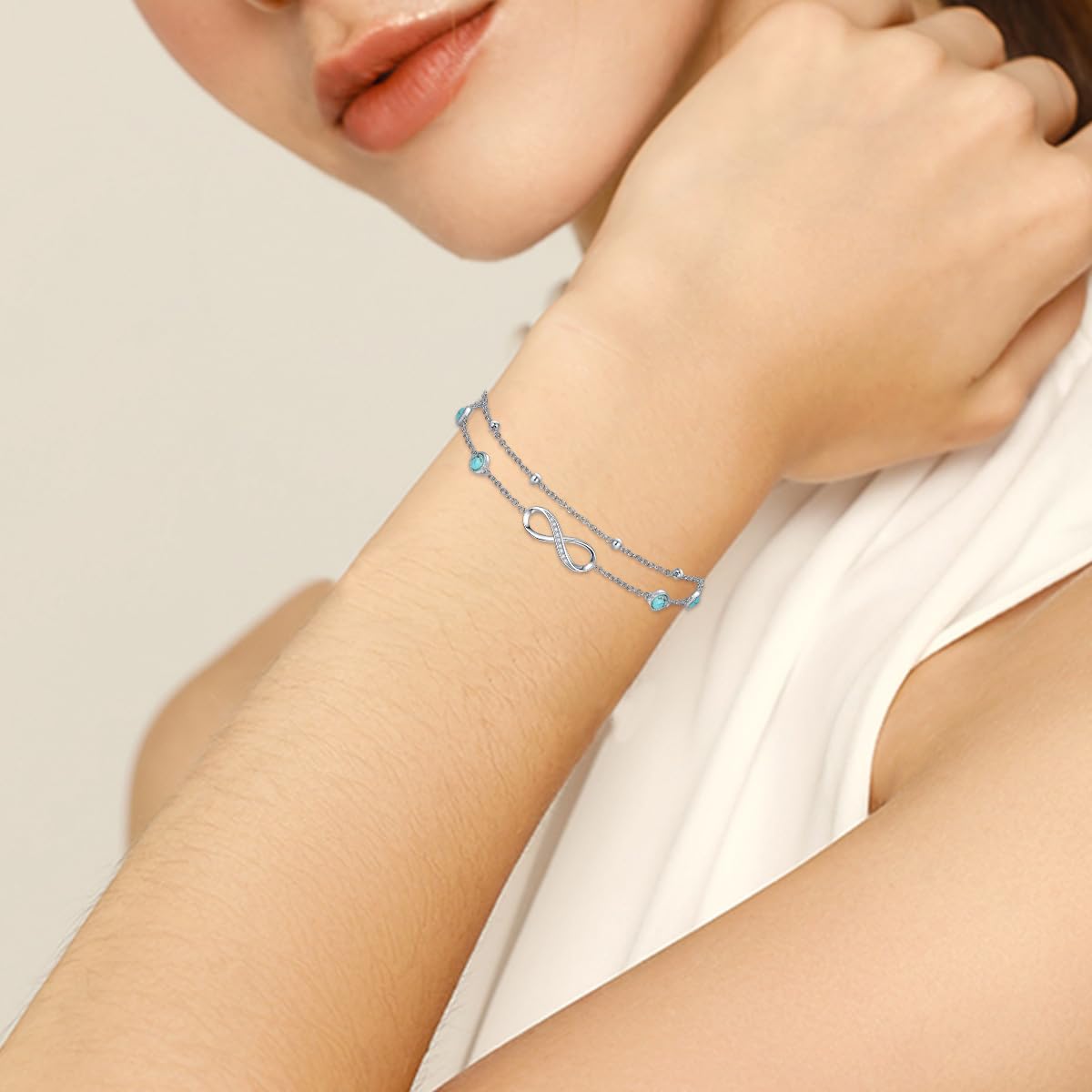 Tobillera de plata de ley 925 con diseño de infinito, turquesa real, ajustable, varias capas, regalo para mujeres