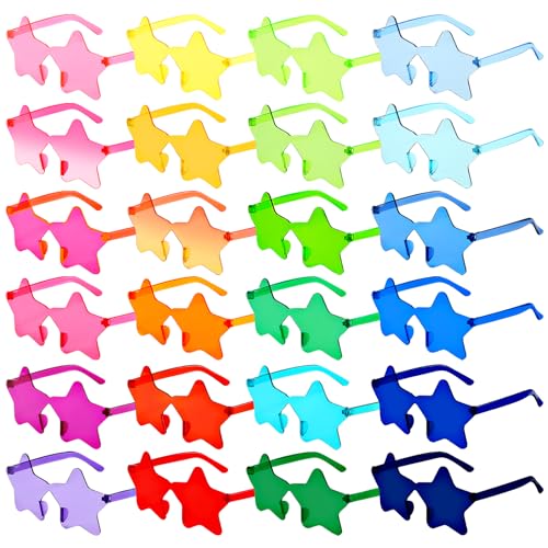 Pibupibu 24 Pack Star/Heart/Butterfly/Flame Sunglasses Bulk, Rimless Fun Colorful Sunglasses for Women Party Favors