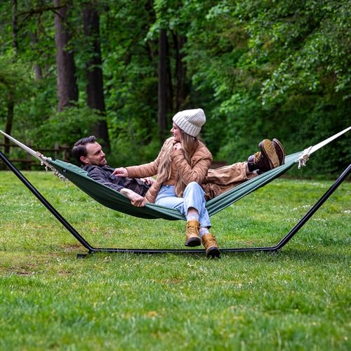 Image of SUNCREAT Hammocks Extra Large Double Hammock with 12 ft Stand, 475lbs Capacity, Outdoor Portable Hammock with Hardwood Spreader Bar, Extra Large Pillow, Gray Green