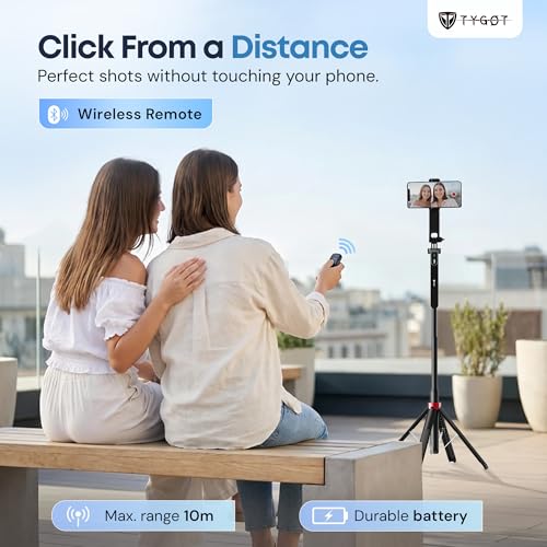 Image of Tygot T-185 Selfie Stick 68 inch (172 cm) for Mobile with Tripod Stand, Detachable Bluetooth Remote, 360 Rotating Head, Adjustable Phone Holder, Extendable Selfie Stick for Photography & Vlogging