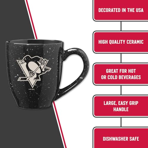 Image of Rico Industries NHL Hockey Pittsburgh Penguins Black Personalized 16 oz Team Color Laser Engraved Speckled Ceramic Coffee Mug