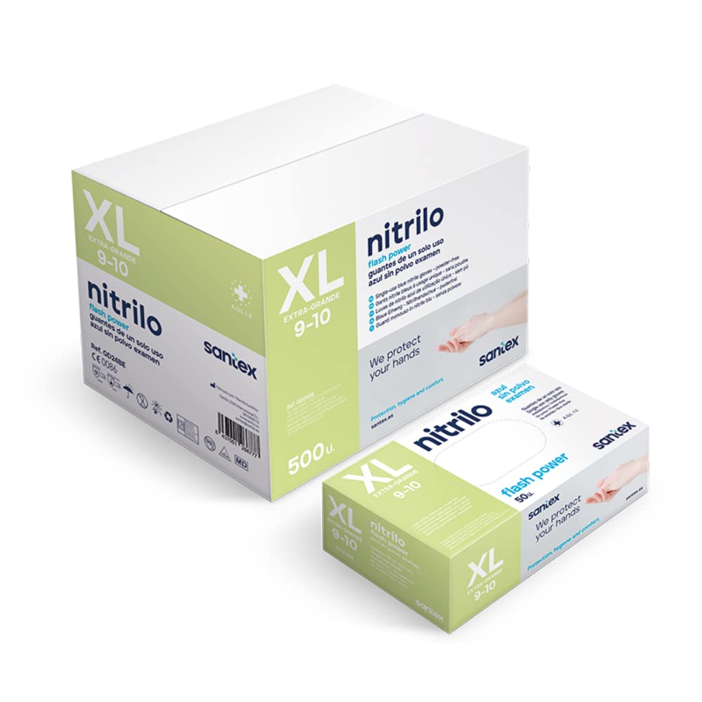 Santex Guantes de nitrilo sin polvo azul | Gama Nitrilo Flash Power | Guantes desechables de un solo uso | Extra fuerte | Extra largo 28 cm | Libre de látex | Caja de 50 unidades | Talla XL