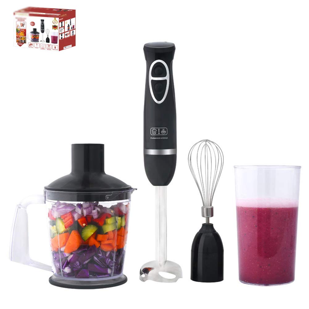4-In-1 Frullatore A Immersione Con Frusta, 500 W 2 Velocità Stick Blender Con Robot Da Cucina, Becher Da 600 Ml, Lama in Acciaio Inossidabile Per Alimenti Per Bambini,Nero