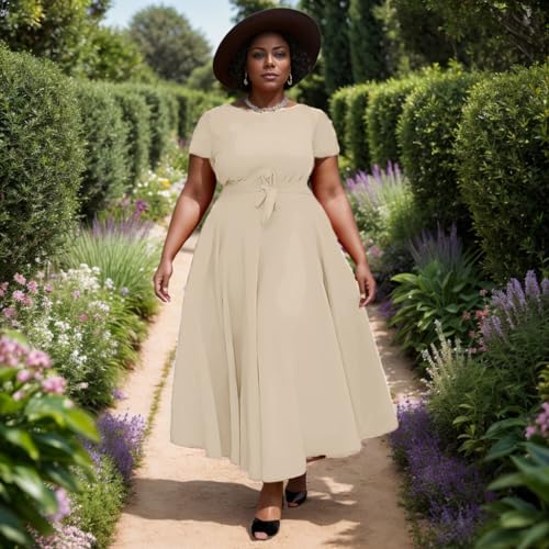 Image of Hostoyo Women Plus Size Formal A Line Maxi Dress Self Tie Waist with Pockets Elegant Round Neck Swing Long Dresses
