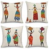 Throw Pillow Covers Home Decor Set of 4 Pillow Cases Decorative 18 x 18 Inches Outdoor Cushion Couch Sofa Pillowcases Ethnic Woman Vase African Tribal