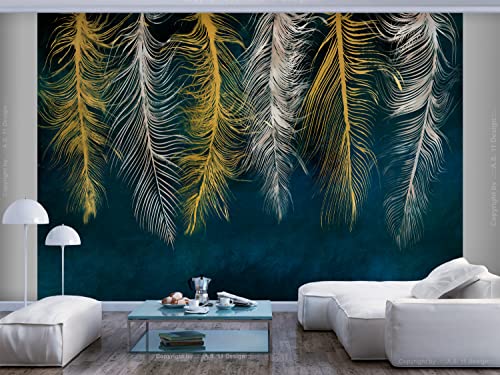 Artgeist Wall Mural Feather 154X110 In - Xxl Peel And Stick Self-Adhesive Wallpaper Removable Large Sticker Foil Wall Decor Print Picture Image Design Abstract Beige Gold Navy Blue B-A-0812-A-A #TOP2