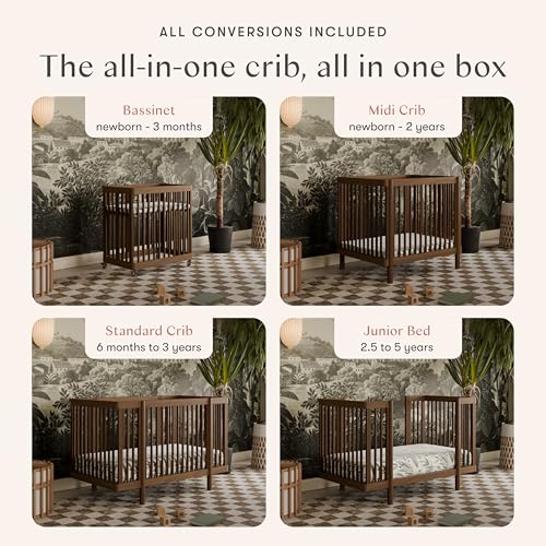 Image of Babyletto Pogo Convertible All-Stages Bassinet, Midi, Full-Size Crib in Natural Walnut, GREENGUARD Gold Certified, Portable & Adjustable with Conversion Kits and Pads Included