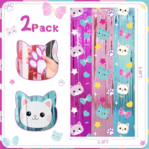 Image of Tiamon 2 Pack Cat Dollhouse Party Decorations 3.3 x 6.6 Ft Foil Fringe Curtains Cute Cat Birthday Backdrop Tinsel Streamers Photo Booth for Cartoon Doll House Baby Shower Birthday Party Supplies
