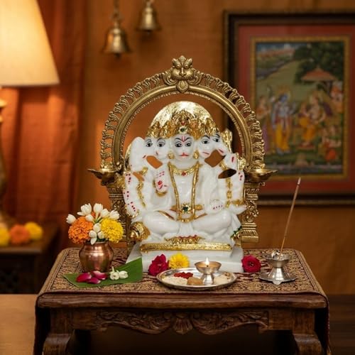 Image of Panchmukhi Hanuman Idol Marble Finish | Five-Faced Hanuman Statue for Home Temple Decor | Gold Painted Hindu God Showpiece for Puja Room & Gift