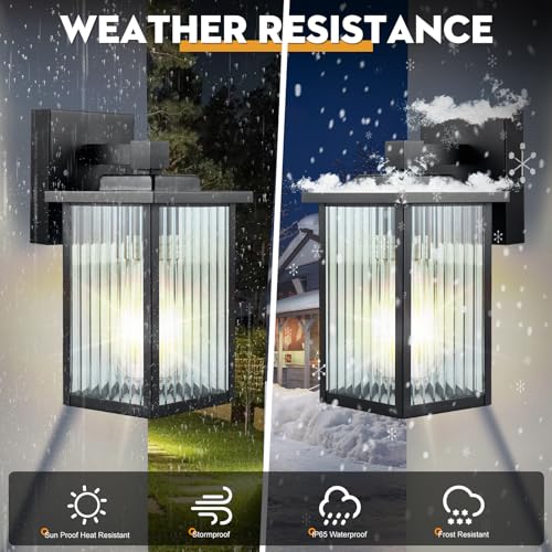 Image of 2 Pack Modern Farmhouse Outdoor Wall Lights,IP65 Waterproof & All-Metal Build,Textured Tempered Glass for Soft, Elegant Glow for Porch, Garage, Front Door