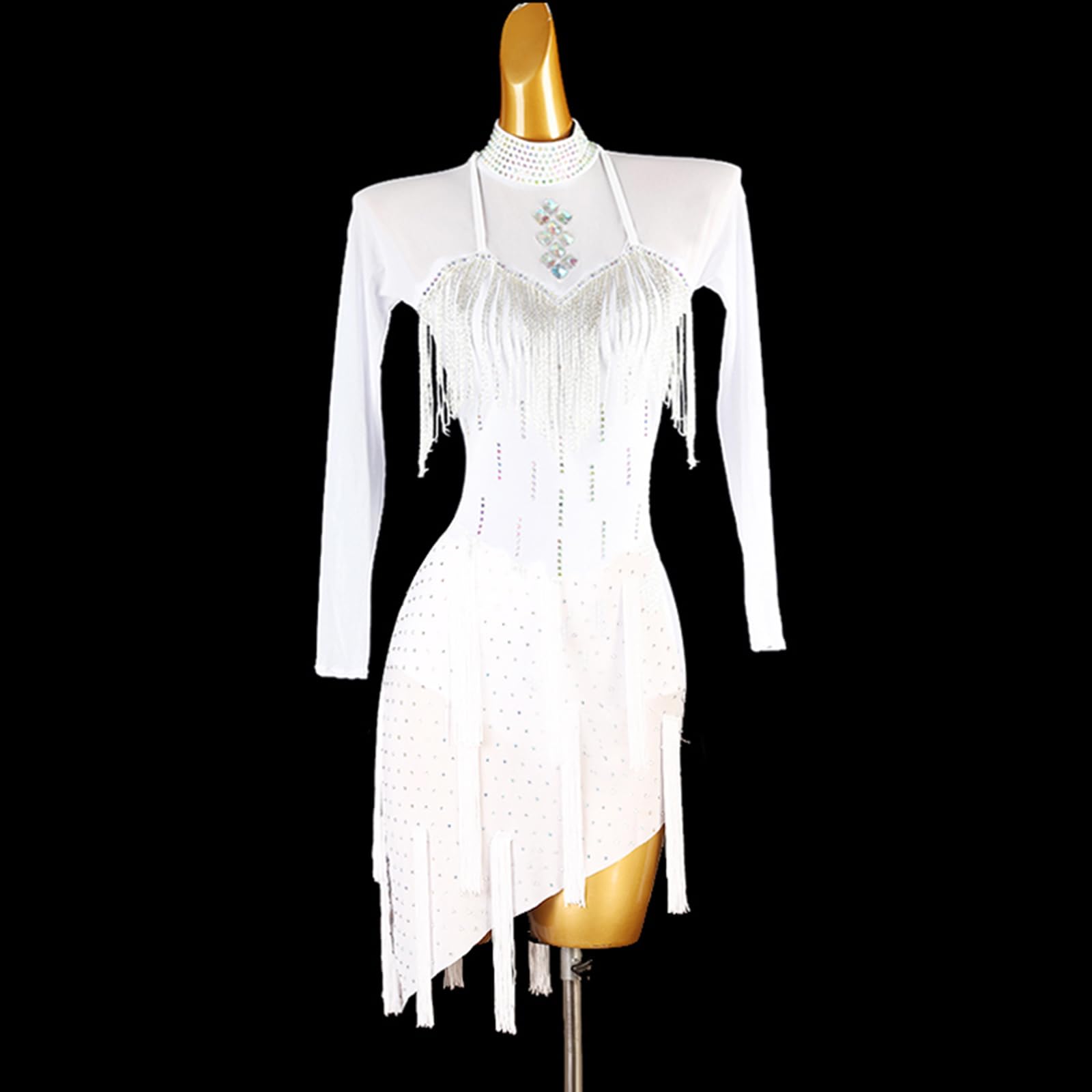 Damen Lateinrock Ballsaal Tanzkleid Lange Ärmel Hoher Kragen Strass Wettbewerbskleidung Tanzrock Rumba Samba Cha Cha Tanzkleidung