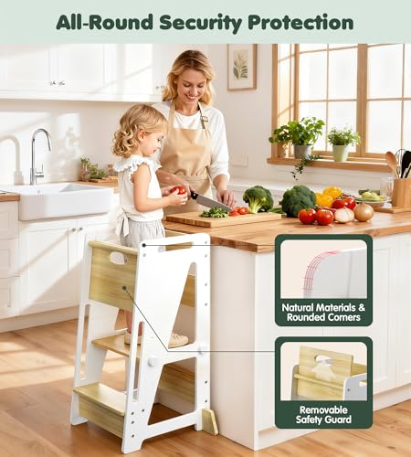 Image of OPAUL Toddler Tower Kitchen Helper Stool - 3 Level Adjustable Height Wooden Learning Step Stool for Kids, Super Sturdy with Non-Skid Feet, Safe Toddler Standing Tower for Counter(Ages 18M-6 Years)