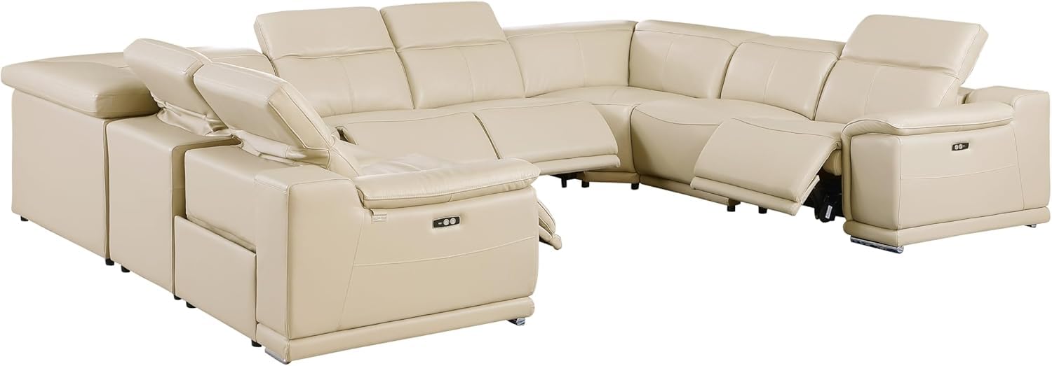 BlackJack Furniture Venice 8-Piece Top Grain Italian Leather Sectional Reclining Sofa Set with 4 Power Recliners, Adjustable Headrests, USB and Wireless Phone Charger, Beige