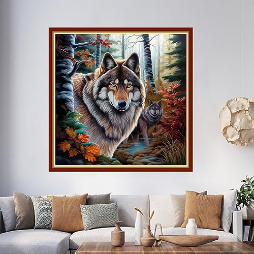 Image of Foxhool Beginners Cross Stitch Kits Stamped Full Range of Embroidery Kits for Adults DIY Cross Stitches kit Embroidery Patterns for Needlepoint kit-Wolf King 17.7x17.7 inch