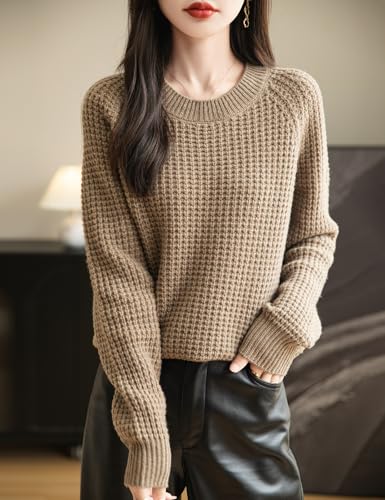 Women's Crewneck 100% Merino Wool Sweater 2025 Fall Winter Waffle Knit Sweater Casual Warm Long Sleeve Pullover4