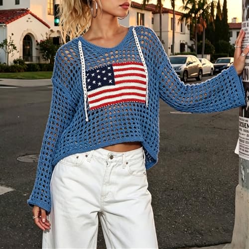 Image of Women's American Flag Crochet Sweater Long Sleeve Hollow Out Lightweight Knit Hoodie 2026 Summer Beach Cover Up Tops