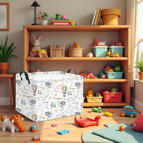 Image of Rectangular Baby Kids Storage Basket for Home Kitchen Girls Cute Storage Bin Organizer Shelf Book Room Decor(Flying Dinosaur)