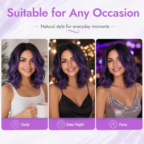 Image of Eawwii Wigs for Women Black Mix Purple,Short Wavy Synthetic Lace Wig