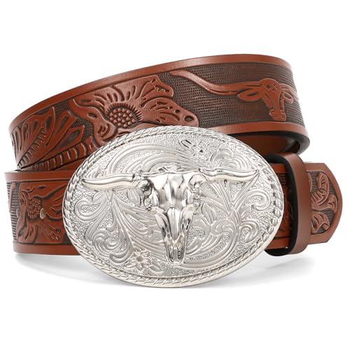 Country Style Genuine Leather Belt – Silver Buckle, Tooled Design for Cowboy Look