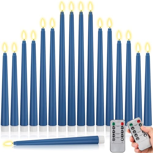 Image of Rossesay 16 Pcs Blue Flameless Taper Candles Battery Operated Candles with Remote Timer 8.5 inch 9.6 inch 10.8 inch 12.8 inch LED Flameless Flickering Candlestick for Halloween Christmas Wedding Party Decor