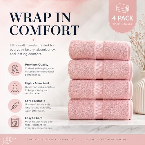Image of Sulfar 100% Combed Cotton, Quick Drying Highly Absorbent Thick Bathroom Towels, Luxury Bath Towel Set (Pack of 4, 70 X 140 cm) - 600 GSM (Basic Pink)