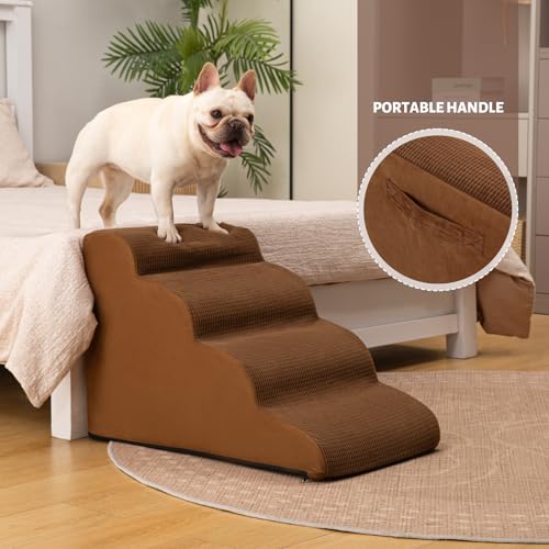 Image of Aodisman Dog Steps for Bed or Couch,4-Step Pet Stairs Ramp for Small Dogs | 17.4 inch H Indoor Non-Slip Dog Stairs Help Senior Dogs,Short-Legged Breeds,Puppies and Cats to Reach Beds and Chairs,Grey,Brown