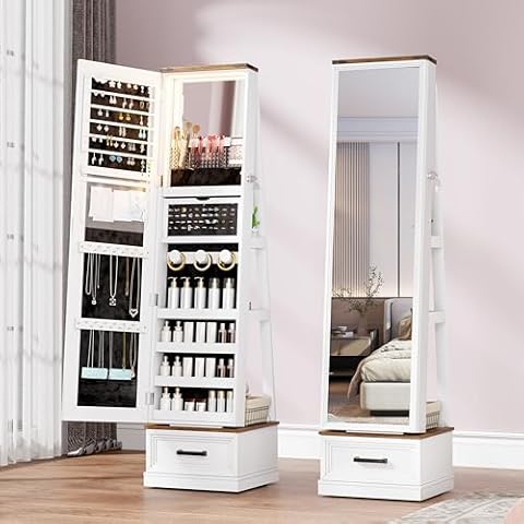 FONTOI Jewelry Armoire, Mirror Jewelry Cabinet Standing with Drawers and Wheels, 63" Lockable Jewelry Cabinet with 4 Shelves, 360° Rotating Full Length Mirror with Storage for Checkroom Bedroom White Cover
