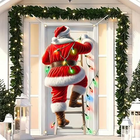 BlissYard Christmas Banner Santa Claus Door Banner Christmas Door Cover 71x35 Inches Santa Climbing Door Banner Christmas Holiday Party Outdoor And Indoor Home Decorations Cover