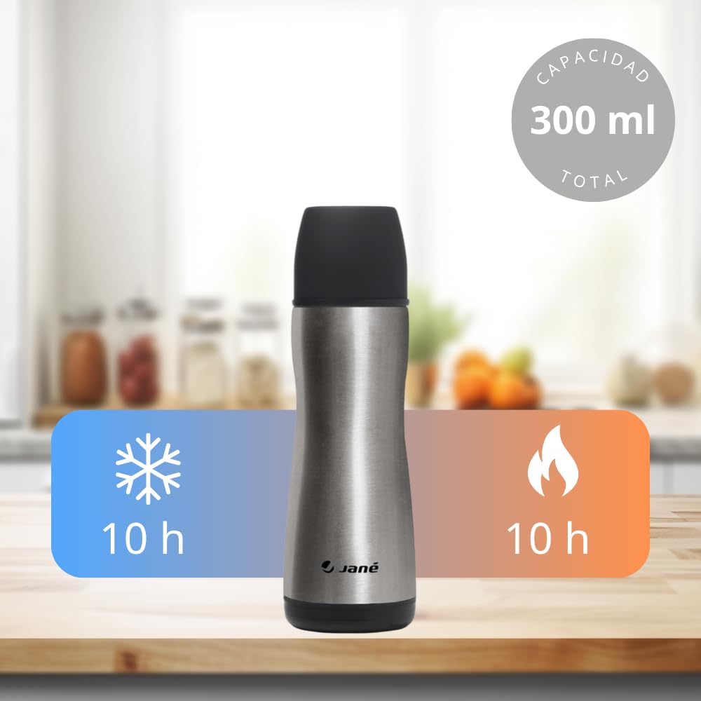 Jané Termo Líquidos, Acero Inoxidable, 300 ml, con Tetina de Silicona, Incluye Bolsa de Neopreno, Mantiene el Calor hasta 10 horas, Gris