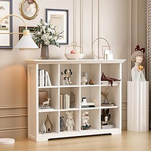 Wooden cube bookcase with base modern 3 tiers floor standing open shelf cabinet for home and office 12 cube lattice bookshelf warm white  urban country home decor