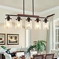 Kitchen Island Lighting, 5-Light Dining Room Light Fixtures Over Table Black Farmhouse Chandeliers for Dining Room, Ceiling Pendant Light Fixtures with Clear Glass Shade and Wood