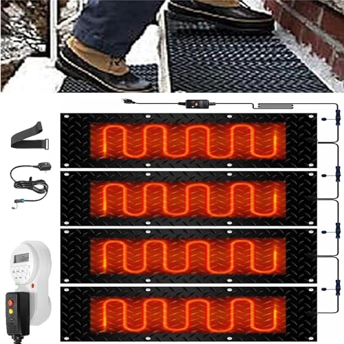Heated Snow Melting Mats with Timer for Entrances-3/4 Pcs,Heated Snow Melting Mats for Stairs,Heated Outdoor Mats,Now Winter Removal,No-Slip Stair Heating with Time(4 Pcs-10in x 35.4in (25.4x90 cm))