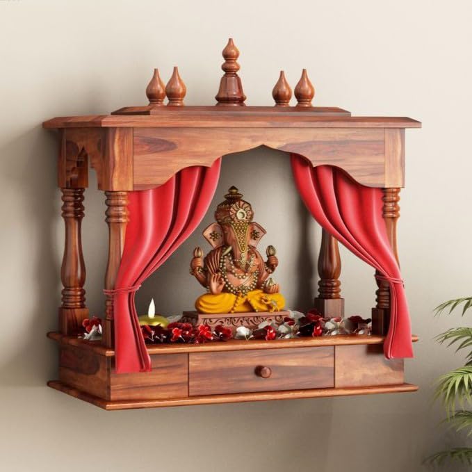 Image of Sheesham Wood Temple Solid Wood Classic Wooden Temple for Home, Office Pooja Mandir with 1 Drawer for Storage Home Decoration | Wall Devghar