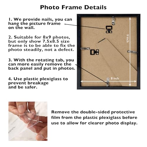 Image of JCJMY 8x9 Picture Frame Black for Wall Hanging or Tabletop, Wall Mounting Horizontally or Vertically, 8 x 9 Wall Gallery Poster Photo Frame with Shatter Resistant Plexiglass, Black