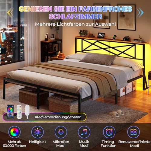 DICTAC Bettgestell 160x200 mit LED Beleuchtung Bett 160x200 mit Steckdose und USB-Ladefunktion &Holzkopfteil Metallbett mit Lattenrost aus Metall,Bettrahmen mit Stauraum unter dem Bett, Höche 32