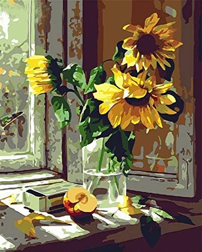 SHUAXIN Paint by Numbers DIY Acrylic Painting Kit for Adults & Kids – 16x20 Inch Warm Sunflower with 3 Brushes & Bright Colors Without Frame