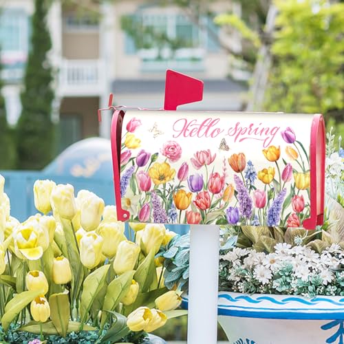 Image of Hello Spring Welcome Flowers Mailbox Covers Magnetic Spring Summer Tulip Outdoor Mailbox Cover Standard 21 inch X 25.5 inch Pink Floral Holiday Mailbox Wrap Post Letter Box Cover Decor for Home Garden Yard