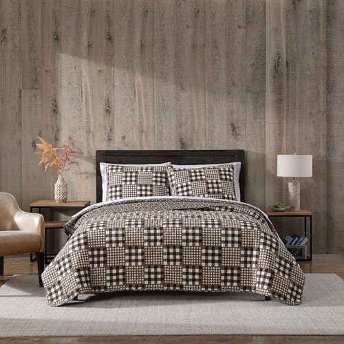 Image of Eddie Bauer - Full /Queen Quilt Set, Reversible Bedding with Matching Shams, Patchwork Luxurious Bedding Set (Gingham Patchwork Brown, Full /Queen)