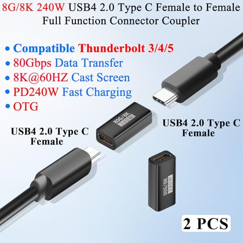 QIANRENON USB4 2.0 adapter danych typu C do szybkiego ładowania 80 Gb/s USB C żeński na żeński pełny łącznik złącza PD240W 48V 5A 8K przy 60Hz, Al Housing, do Thunderbolt 5 rozszerzenie USB C, 2 szt