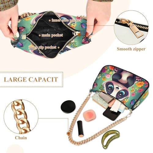 Zipper Casual Purse Hobo Cute Panda Bear Floral Designer Handbag Women Shoulder Handbag Aesthetic with Chain Strap4