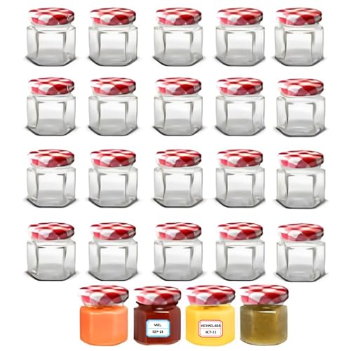 Awiku 24 Tarros Pequeños de Cristal Hexagonales con Tapa Hermética de 45ml - Tarritos para miel, mermelada - Frascos Pequeños - Tarritos de Vidrio Resistentes y Estancos - Incluye Etiquetas