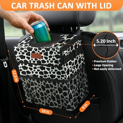 Image of Vankor 3 Gallons Car Trash Can with Lid, Car Bag Bin Hanging Waterproof Automotive Garbage Cans Leak Proof Vehicle Trash Can Cow Print