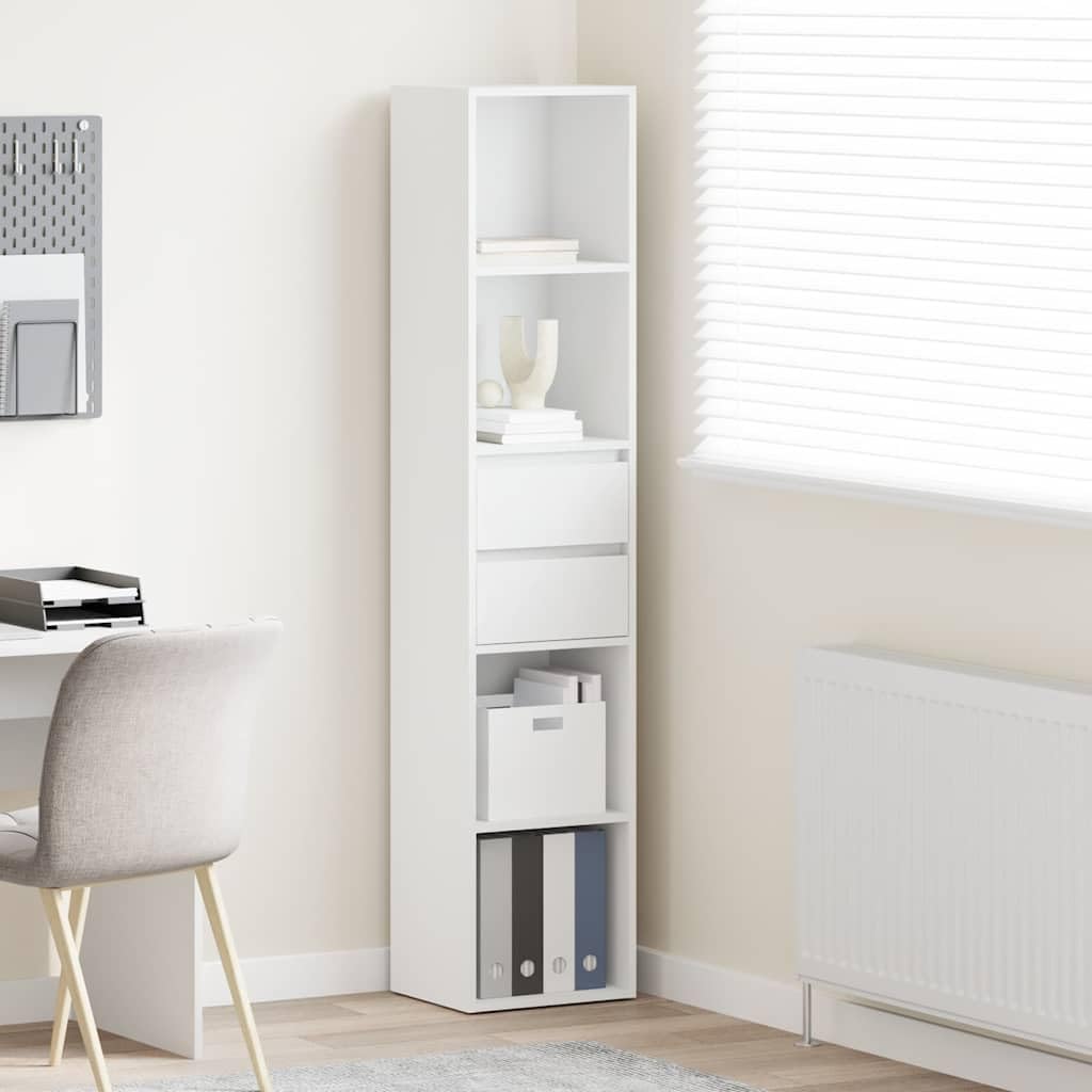 Libreria bianca in legno, 36 x 30 x 171 cm, con 4 ripiani e 2 cassetti, montaggio a parete, per soggiorno, ufficio, cameretta dei bambini, salvaspazio e stabile