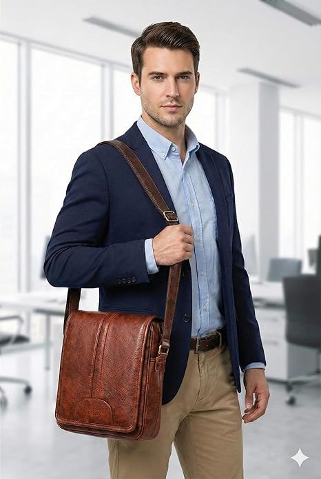 Image of Men's Leather Sling Bag Crossbody Messenger Shoulder Bag | Stylish Office Travel Side Bag with Multiple Compartments, Adjustable Strap & Secure Pockets for Daily Use
