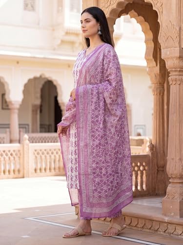 Image of INDO ERA Women's Pure Cotton Printed Straight Kurta & Pant with Dupatta Set