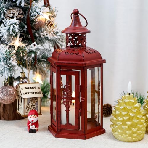 JHY DESIGN Farol Colgante Decorativo de 25 cm de Alto con Velas Vintage, portavelas de Metal con Cristal para Interior-jardín-balcón-salón (Rojo)