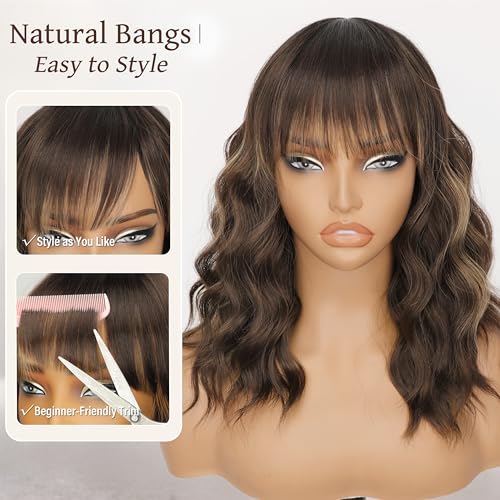 Image of Nnzes Short Wavy Bob Wig with Bangs for Women Shoulder Length Curly Soft Blonde Highlights with Brown Synthetic Heat-Resistant Fiber Hair for Daily & Party Use
