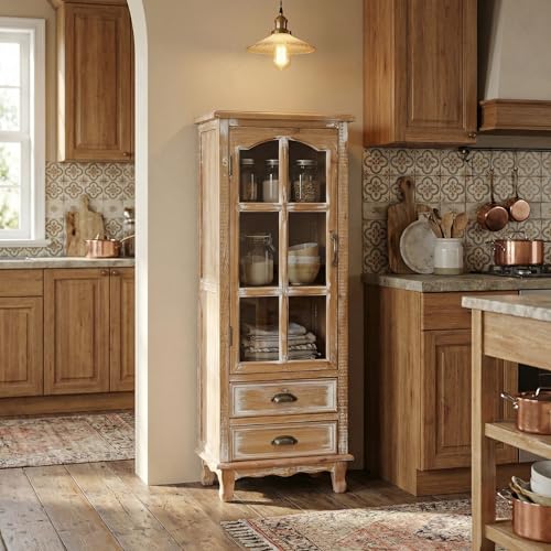 Image of LKTART 55 inch Tall Solid Wood Kitchen Pantry Storage Cabinet with Drawers | Solid Wood Frame;Farmhouse /French Country Narrow Corner Glass Display Cabinet;Narrow Storage Cabinet;Tall Accent Cabinet