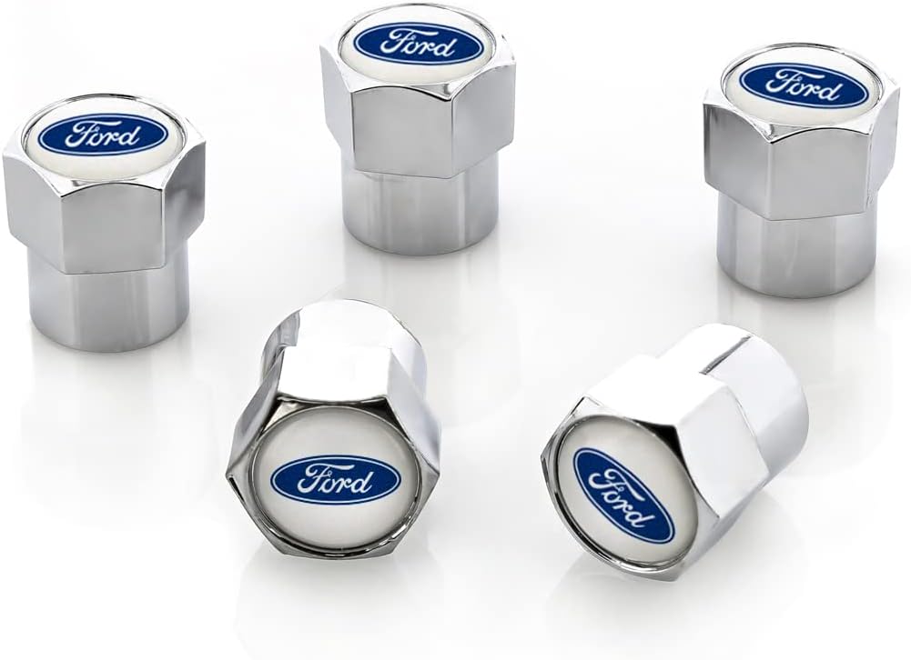 License Frame Inc. Ford Blue Logo Chrome Valve Cap Covers